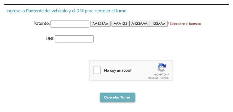 Pantalla para cancelar el turno de la VTV en Ciudadela con patente y DNI